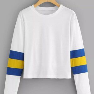 White, Blue & Yellow Colorblock Long Sleeve Tee